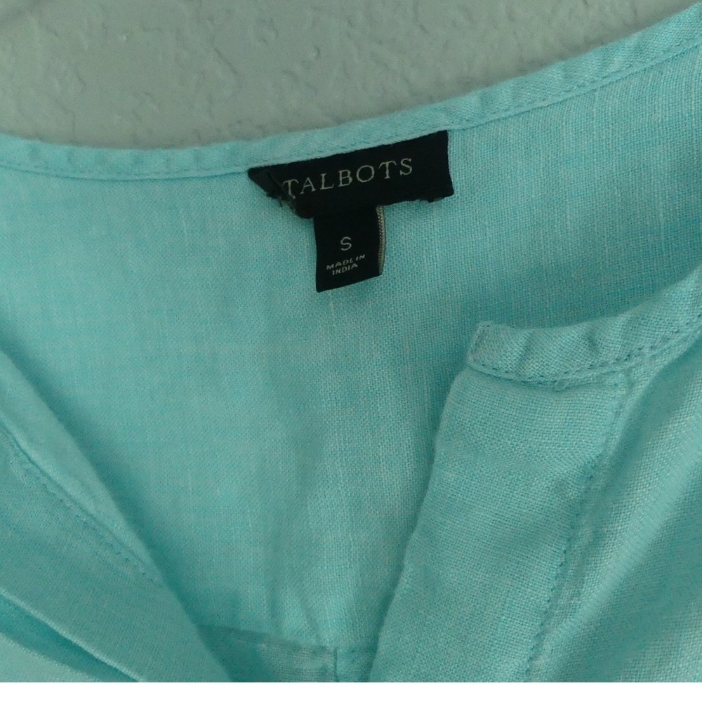 Talbots Womens Aqua 100% Linen Button Shirt Roll Sleeve Blouse S Summer Beach - Picture 2 of 7